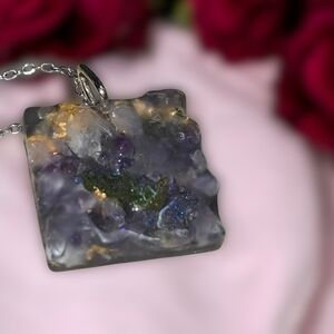 Amethyst & Moss Resin Square Pendant Necklace | Gold Foil Accents | 18” Chain